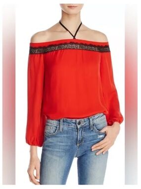 Alice + Olivia Red Top with Black Lace Trim and Bow